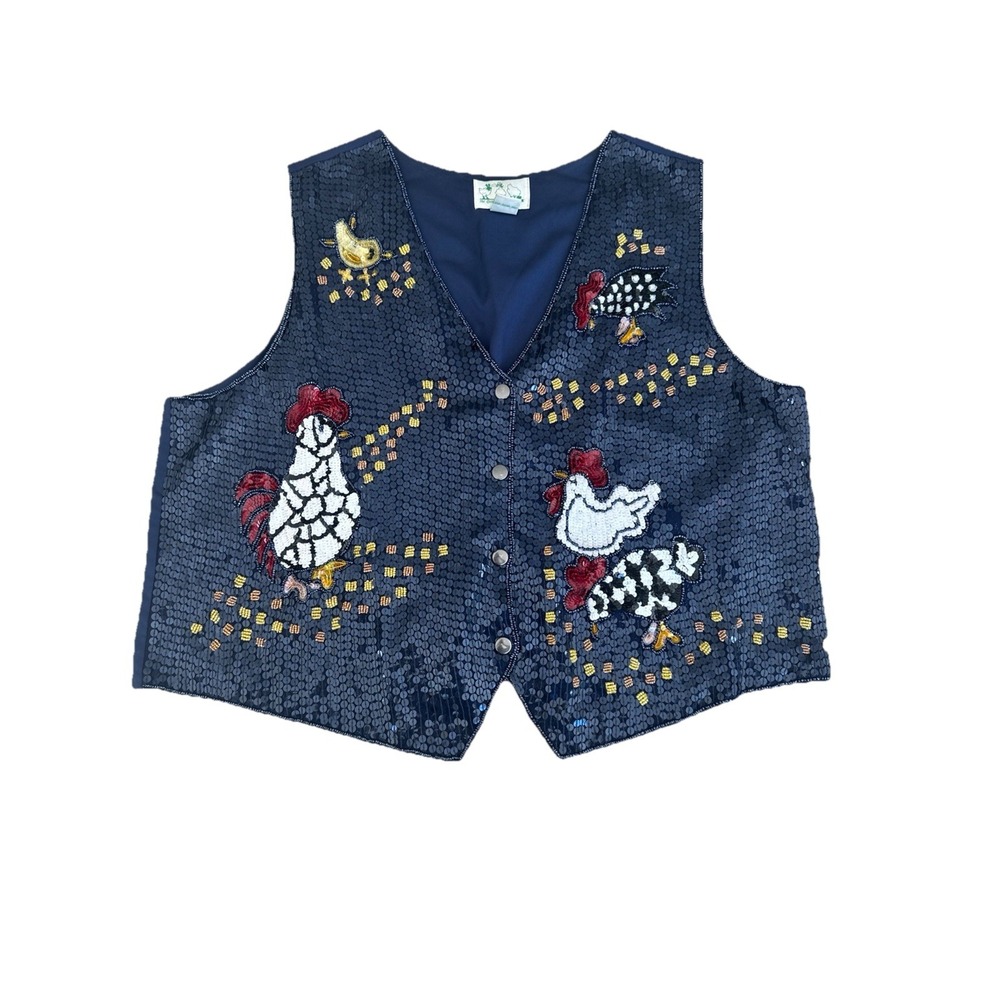 QUACKER FACTORY 1X Sequin Beaded Vest Animal Chicken Rooster Teacher Grandmacore